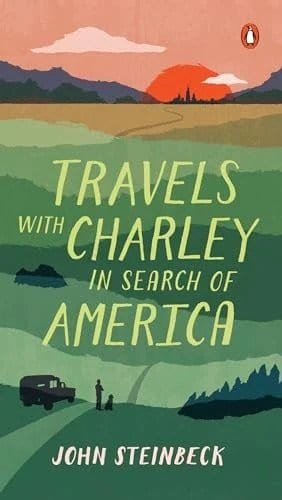 Book cover for 'Travels with Charley' by John Steinbeck featuring a stylized landscape with mountains, sunset, and a person with a dog in a car.