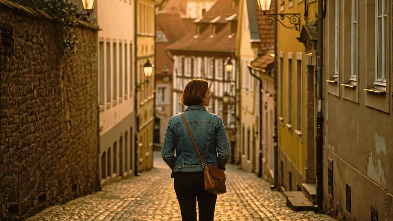 A woman with a backpack walking through a charming, cobblestone street in a historic European city, showcasing cultural travel and exploration.
